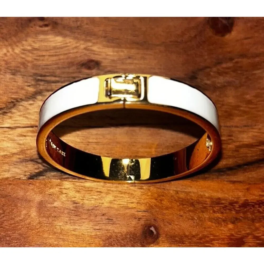 Kate Spade Gold Tone Off White Enamel Hinged Bangle Bracelet Stamped - Picture 8 of 11